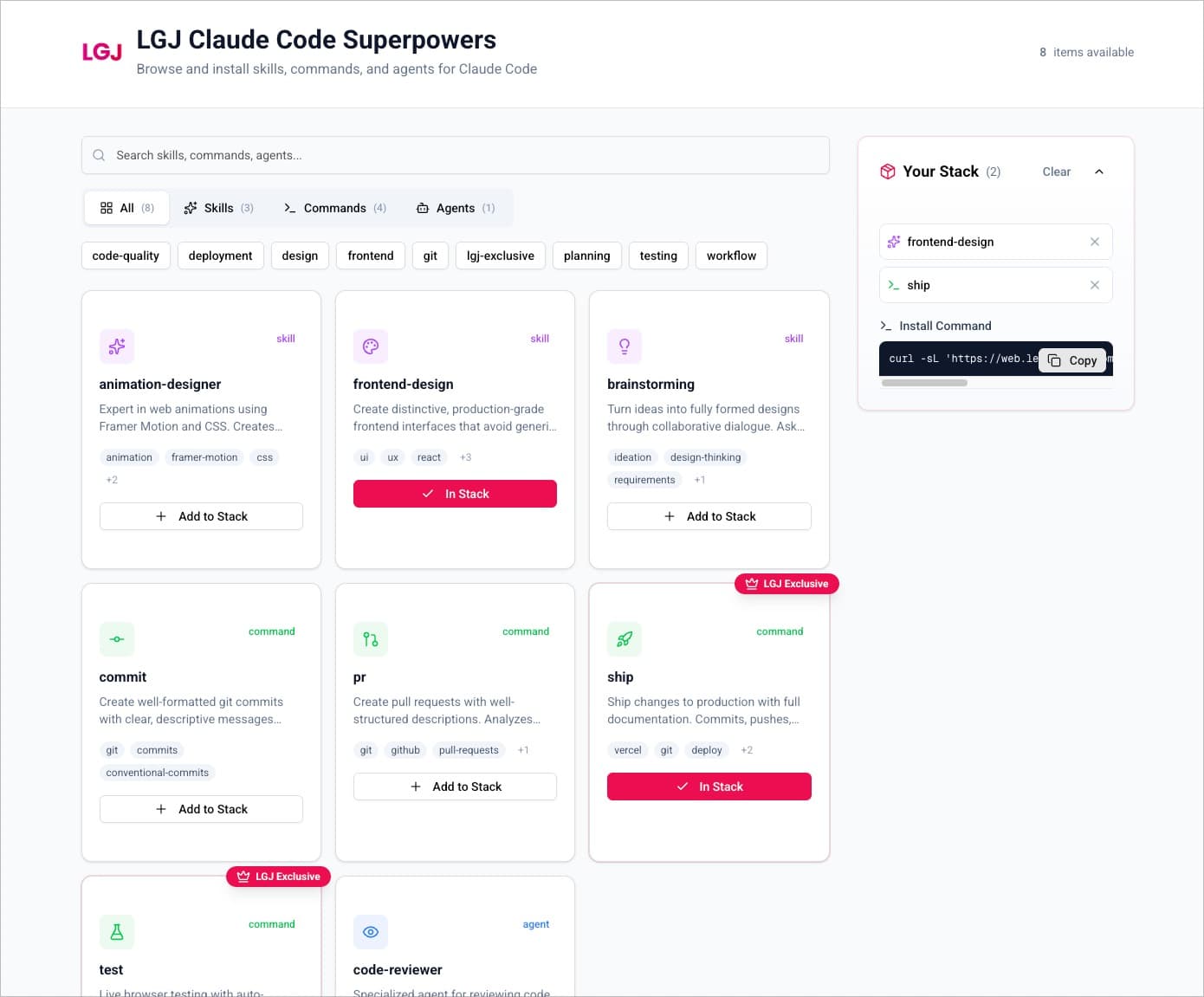 LGJ Skills Marketplace showing skills, commands, and agents