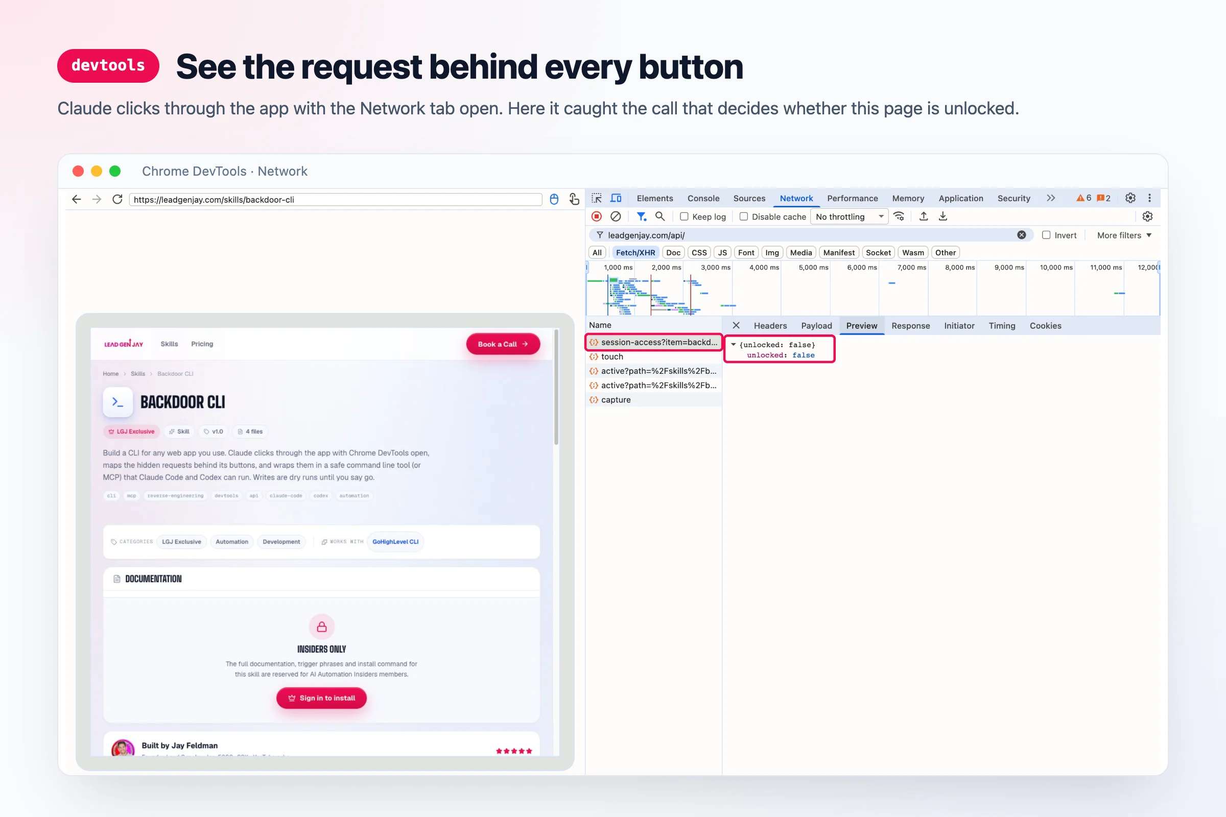devtools: the skills marketplace page next to Chrome DevTools, Network tab filtered to its API, with the session-access request selected and its response showing unlocked: false