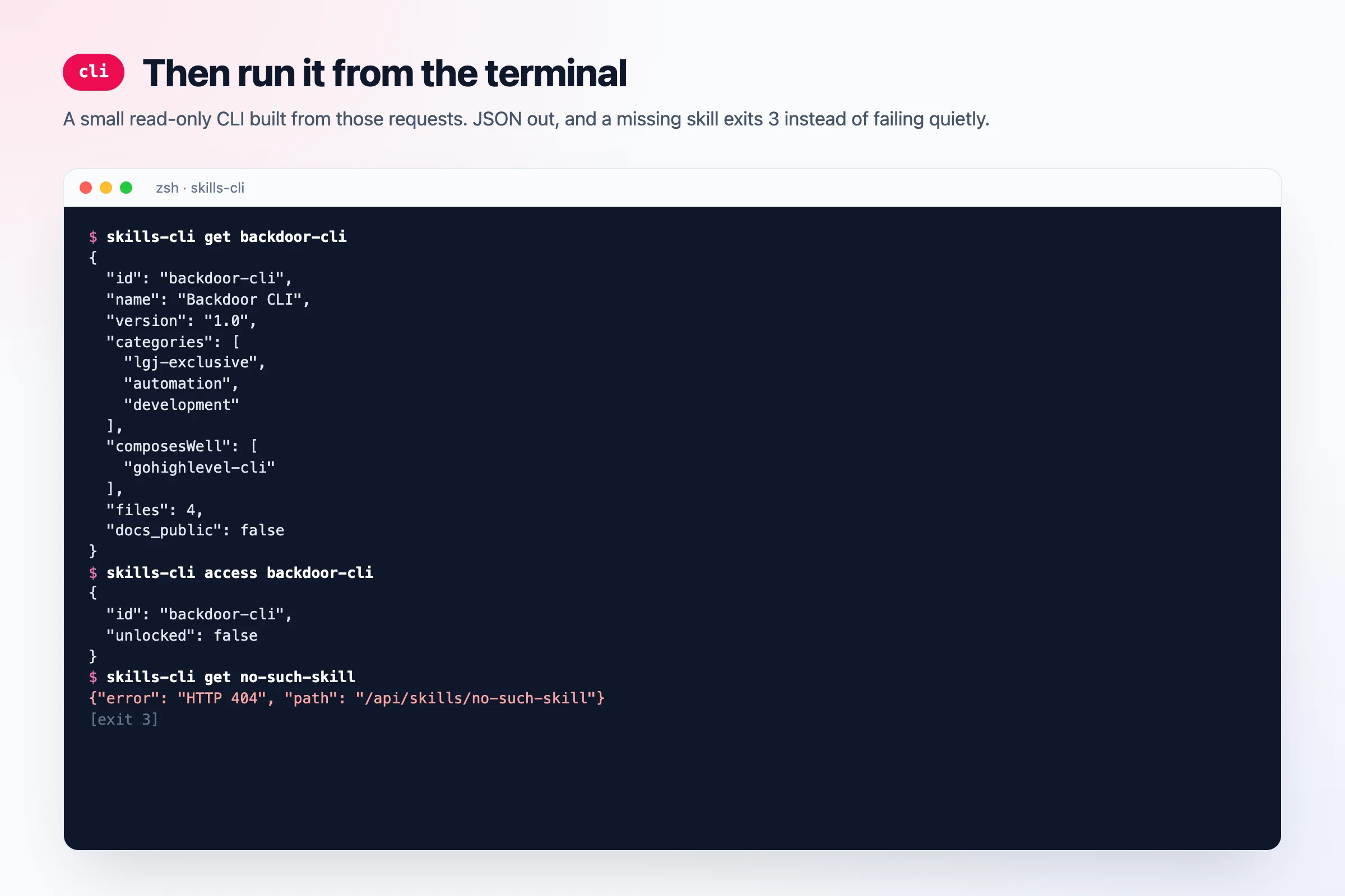 cli: a terminal running skills-cli get and access commands with JSON output, and a missing skill returning a 404 error with exit code 3