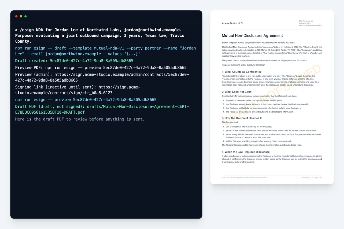 Drafting an NDA from one sentence in the terminal, with the draft PDF