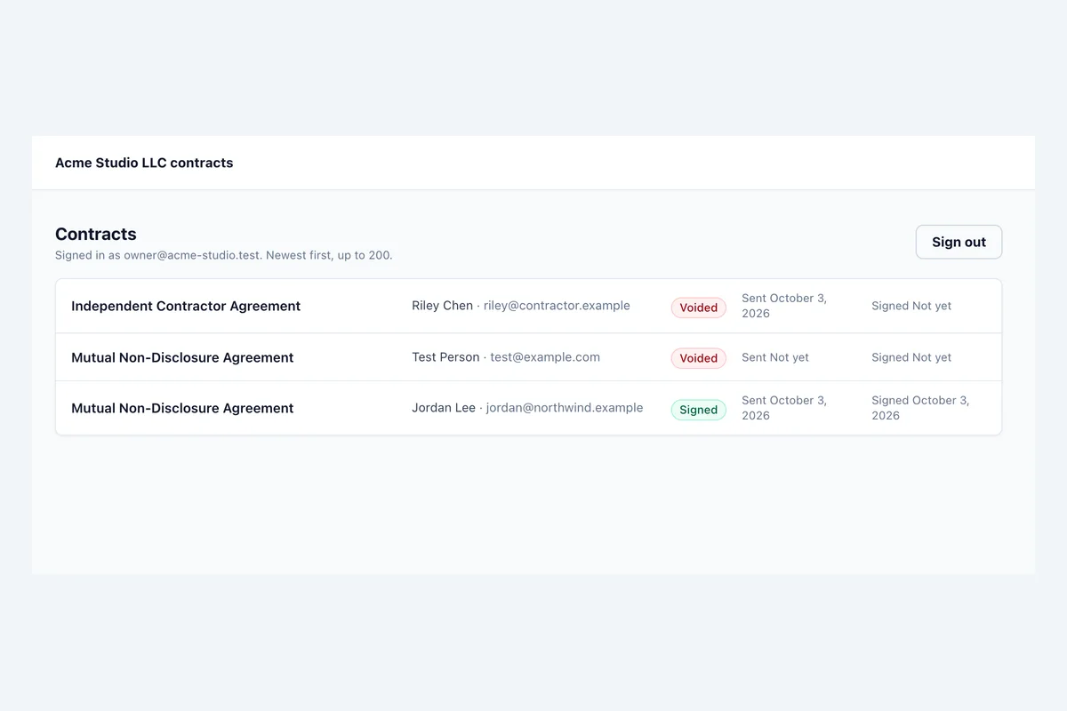The owner-only web admin listing every contract