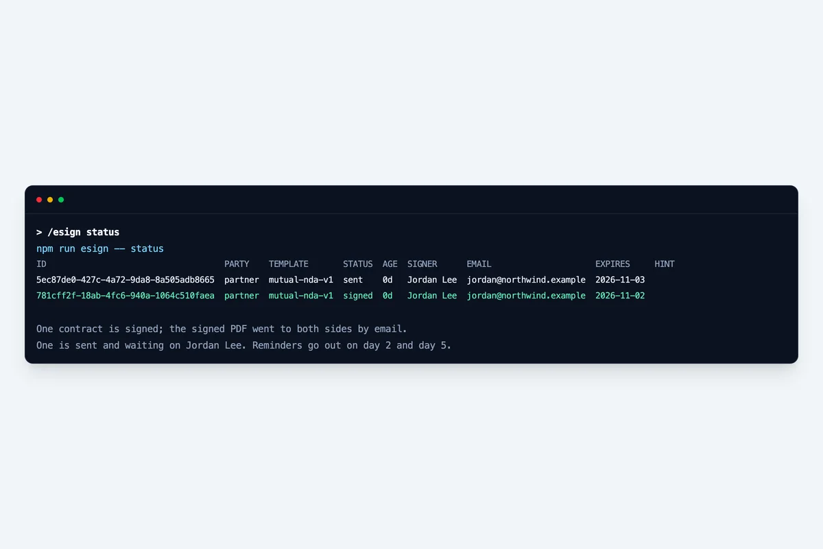 Contract status in the terminal, one signed and one waiting